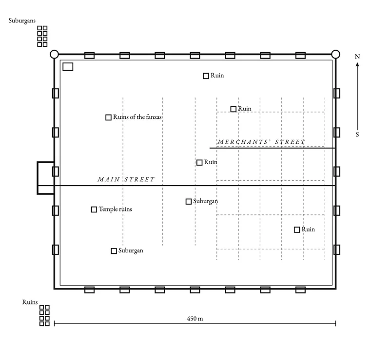 Measured plan of Khara-Khoto showing the walls, the main street and the ruined temples