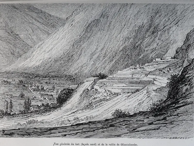 Wide engraved view of the fortress of Ollantaytambo and its valley