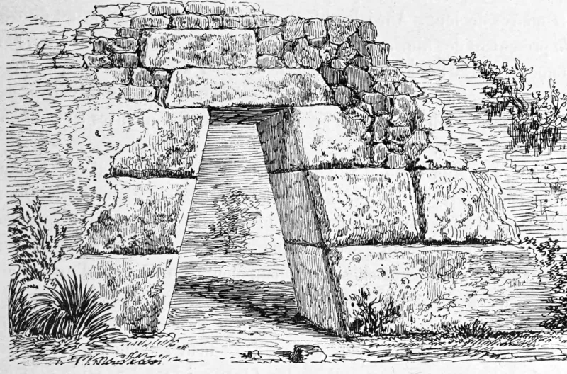 Engraving of a trapezoidal Inca gateway in a terrace wall at Ollantaytambo