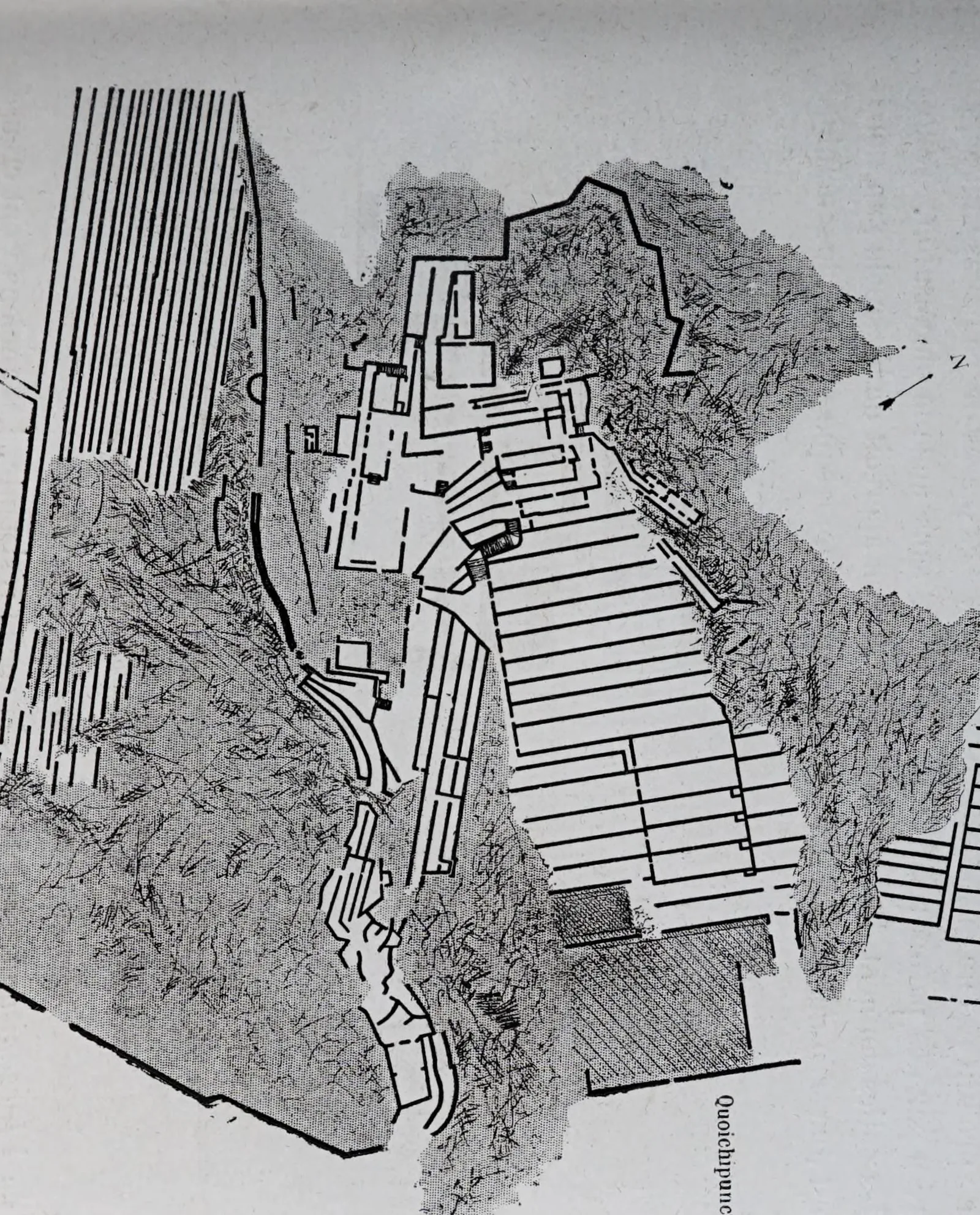Engraved plan of Ollantaytambo showing terraces, walls and the river bend
