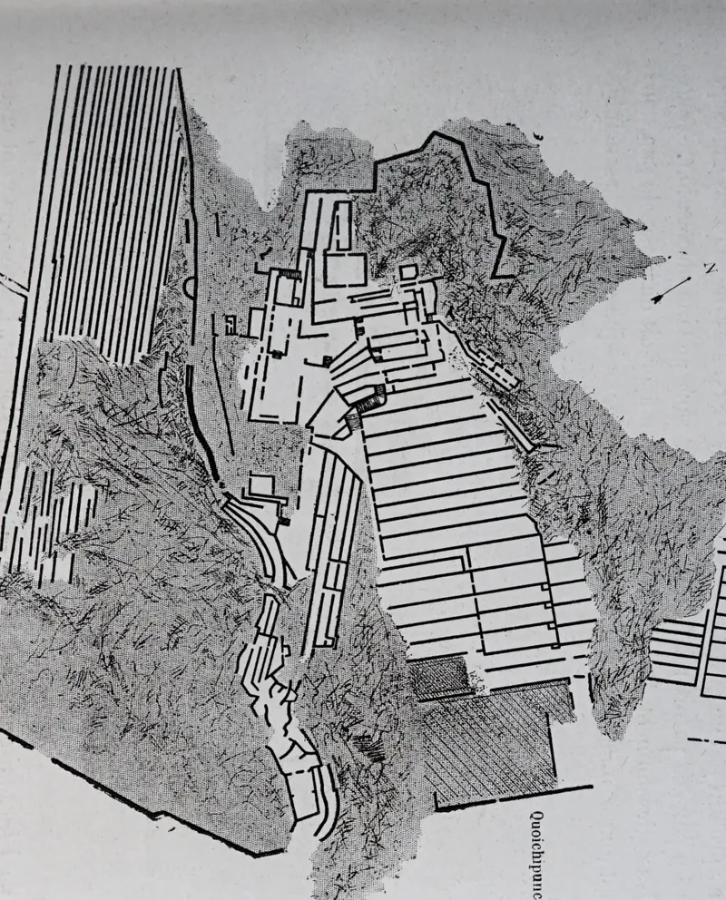 Engraved plan of Ollantaytambo showing terraces, walls and the river bend