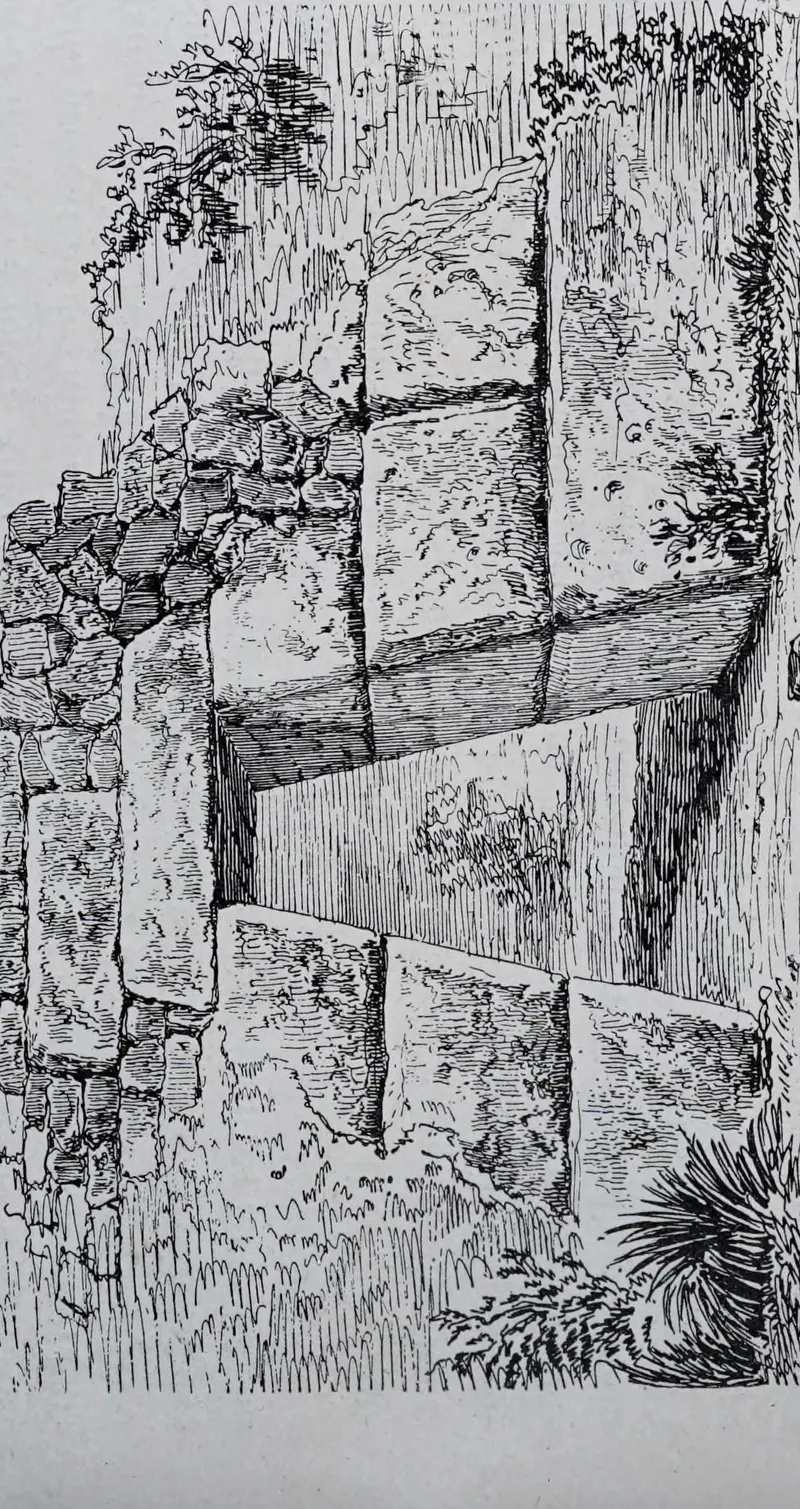 Engraving of the great cut stones of the upper terrace at Ollantaytambo