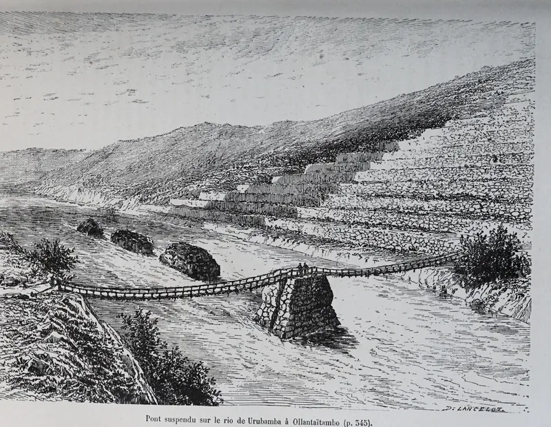 Engraving of a rope suspension bridge crossing the Urubamba gorge