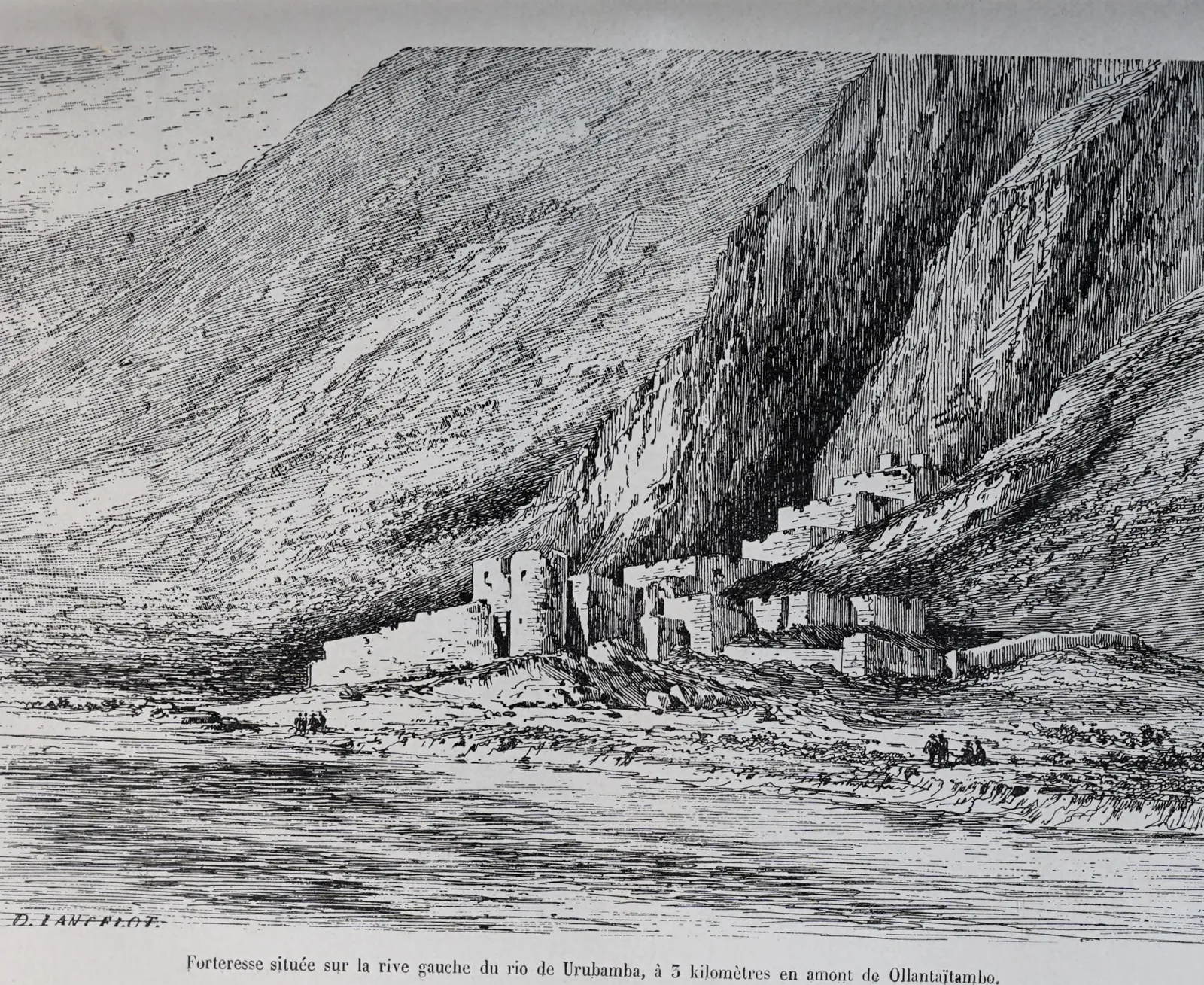 Engraved view of a ruined fort on a cliff above the Urubamba river