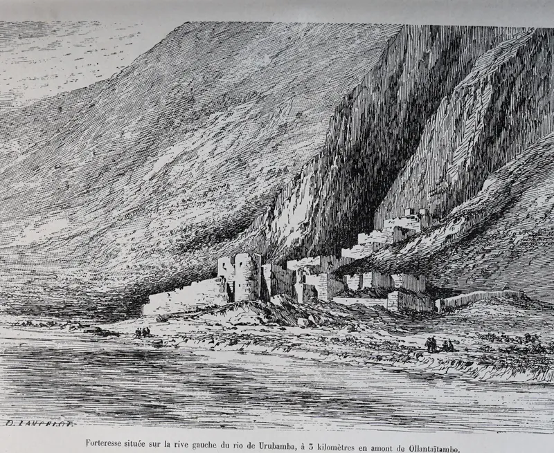 Engraved view of a ruined fort on a cliff above the Urubamba river